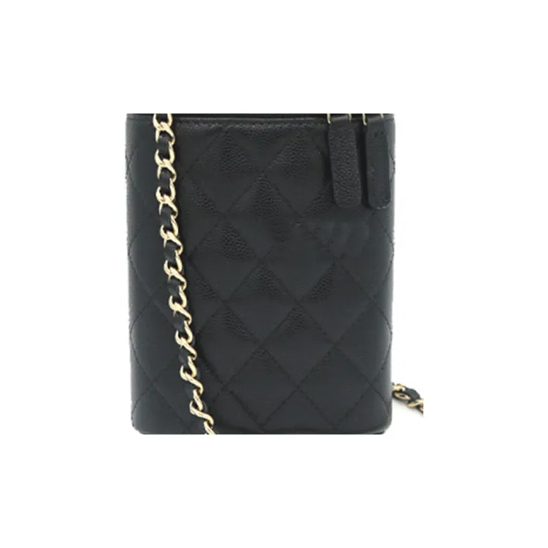 CHANEL Litchi Cow Leather One Shoulder Crossbody Cell Phone Pouch Women's Black-4
