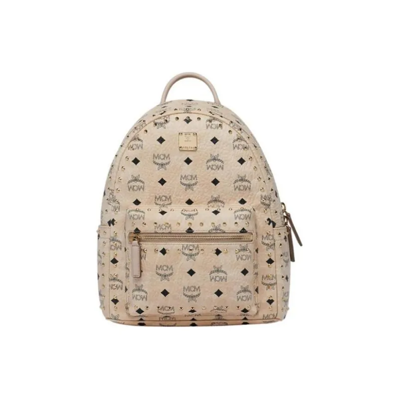 MCM Stark Visetos Leather Backpack Small Size Women's Apricot-0