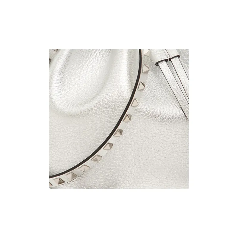 Valentino Rockstud Grained Calfskin Bucket Bag Handbag Shoulder Bag Crossbody Bag Women's Silver-6