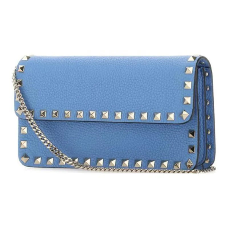 Valentino Rockstud Grained Calfskin Messenger Bag Shoulder Bag Crossbody Bag Clutches Women's Blue-1