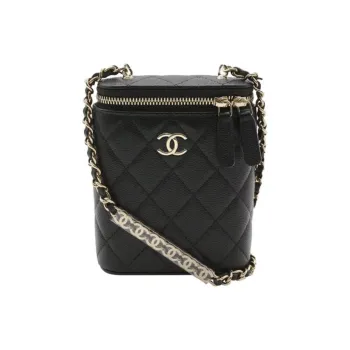 CHANEL Grain Cow Leather Makeup Bag Chain Bag Makeup Case Women's Black