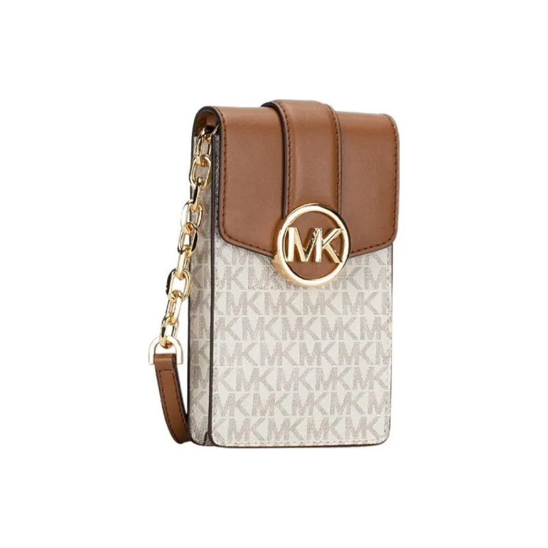 MICHAEL KORS Leather Card Holder Chain Bag With Cell Phone Pouch Women's Brown, Vanilla, White & Multicolor-1