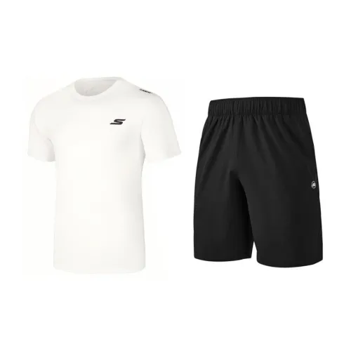 Skechers Basic Sports Series Casual Sportswear Men Set Bright White Tops+Carbon Black Shorts