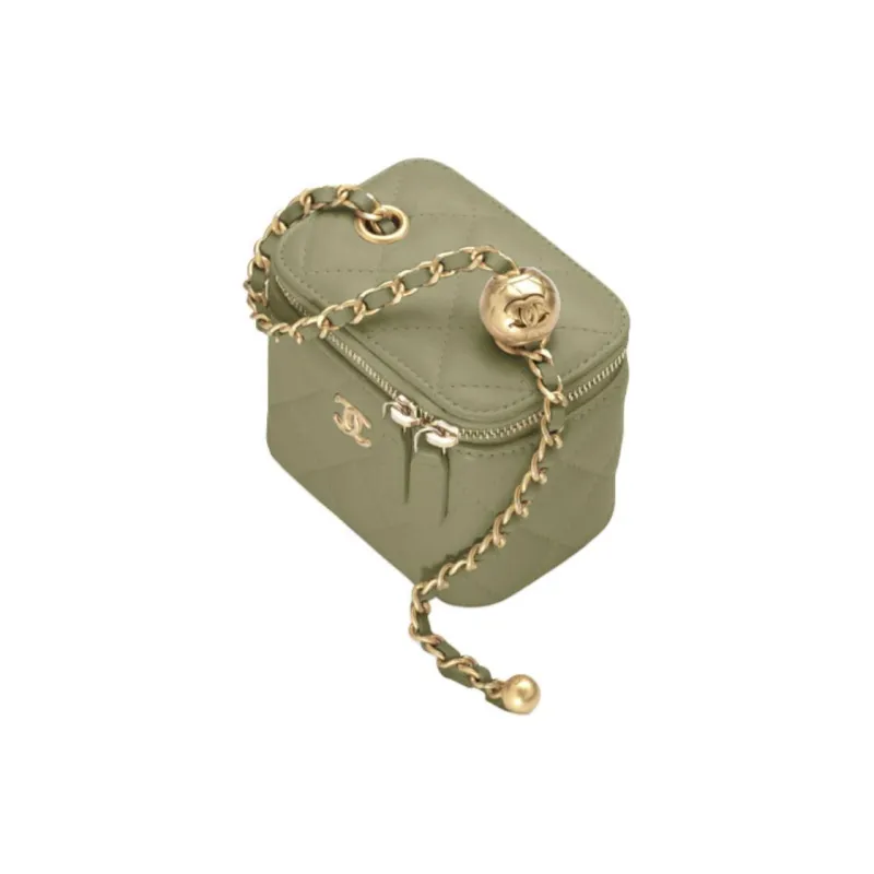 CHANEL Little Golden Ball Leather Box Bag, Makeup Bag, Shoulder Bag, Crossbody Bag Women's Green-1