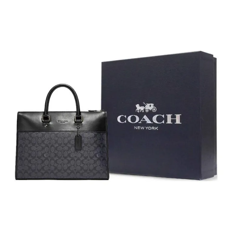 COACH Canvas With Leather Briefcase Shoulder Bag Crossbody Bag Handbag Large Size Men's Charcoal Black-5
