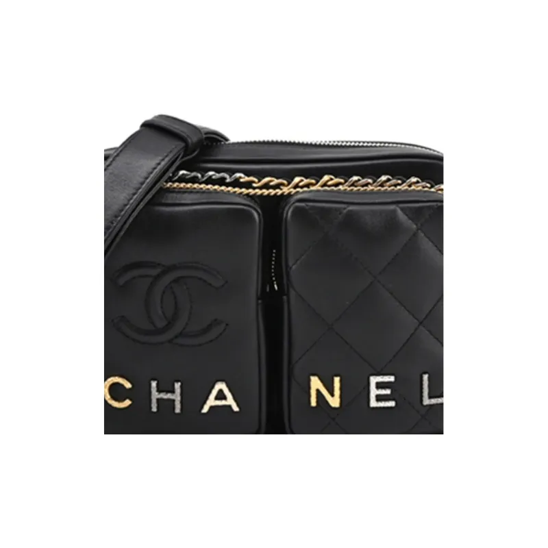 CHANEL Calfskin Camera Bag, One Shoulder Crossbody Clutch Trumpets Women's Black-3