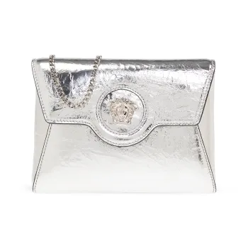VERSACE Lambskin One Shoulder Crossbody Clutches Women's Silver