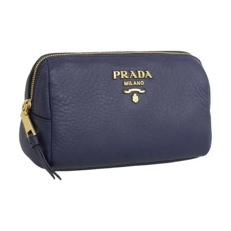 PRADA Leather Makeup Clutch Small Size Women's Marine Blue-1
