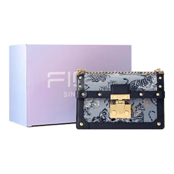 FION Designer Collaboration Cow Leather Small Square Bag Shoulder Bag Small Size Women's Blue/Dark Blue
