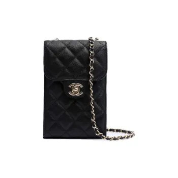 CHANEL Grained Embossed Cow Leather Shoulder Bag Crossbody Bag With Cell Phone Pouch Women's Black
