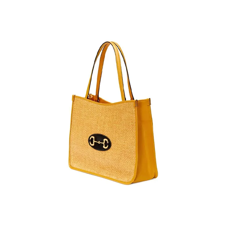 GUCCI Horsebit 1955 Straw Woven With Leather One Shoulder Handbag Women's Yellow-1