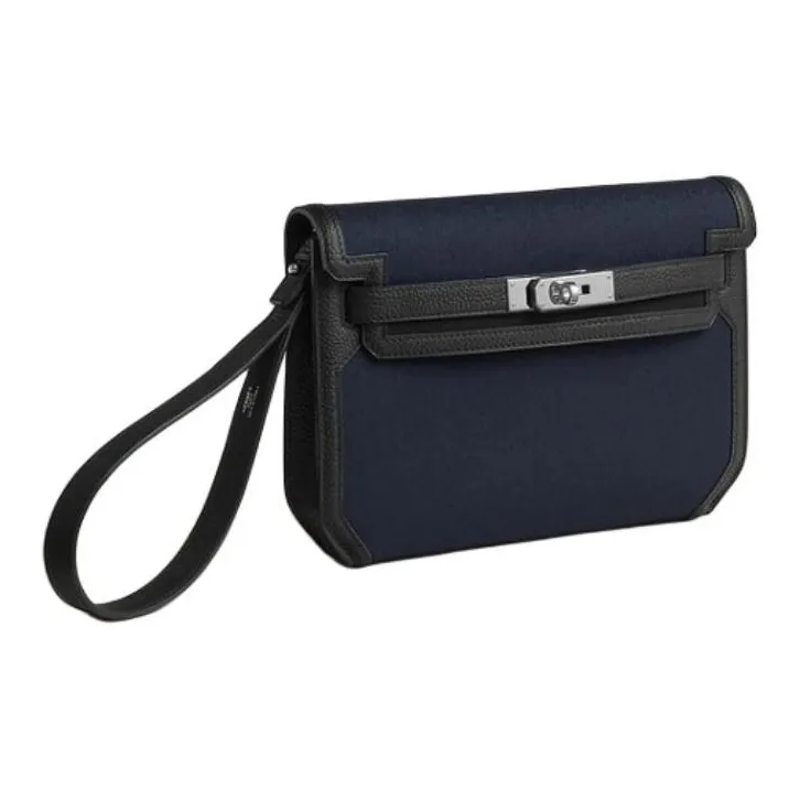 HERMES Kelly Depeches Woolycot Canvas With Togo Calfskin Clutch Men's Marine Blue & Black-1
