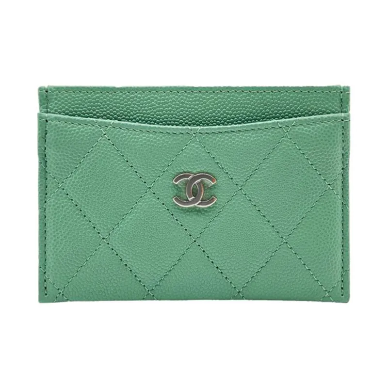 CHANEL 23P SS Caviar Cow Leather Card Holder Women's Green-0