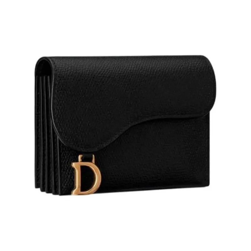 DIOR Saddle Grained Cow Leather Wallets Card Holders Unisex Black-1