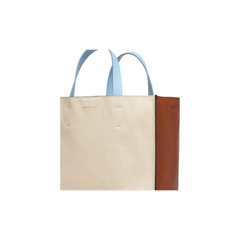 MARNI Leather Tote Bag, Shopping Bag, Handbag Trumpets Women's White Brown/Light Blue-4