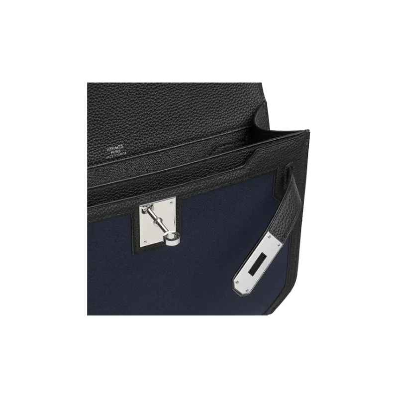 HERMES Kelly Depeches Woolycot Canvas With Togo Calfskin Clutch Men's Marine Blue & Black-3