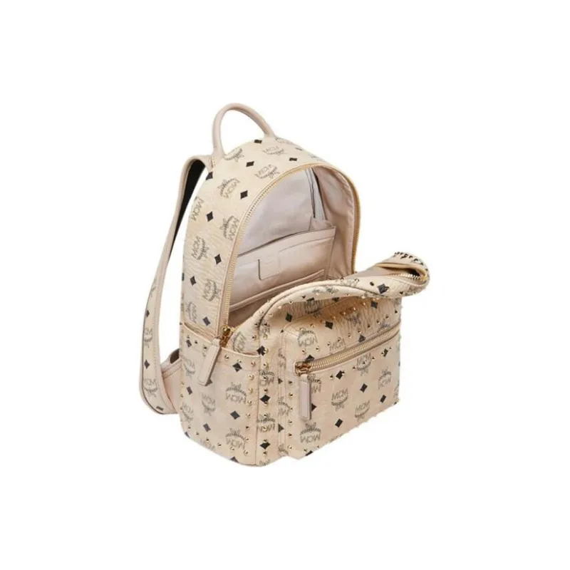 MCM Stark Visetos Leather Backpack Small Size Women's Apricot-4