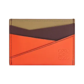 LOEWE Puzzle Cow Leather Card Holder Women's Vibrant Orange With Deep Burgundy
