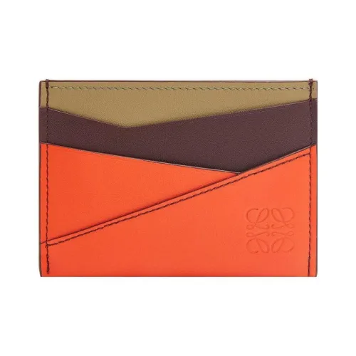 LOEWE Puzzle Cow Leather Card Holder Women's Vibrant Orange With Deep Burgundy