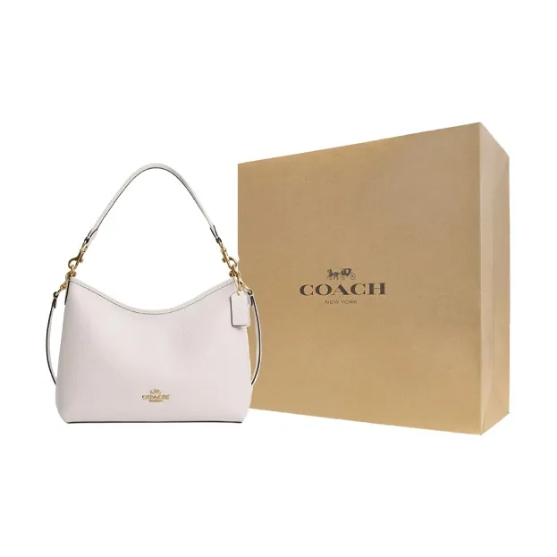 COACH Pebbled Leather Portable Crossbody Bag Shoulder Bag Large Size Women's Gold & Chalk-6