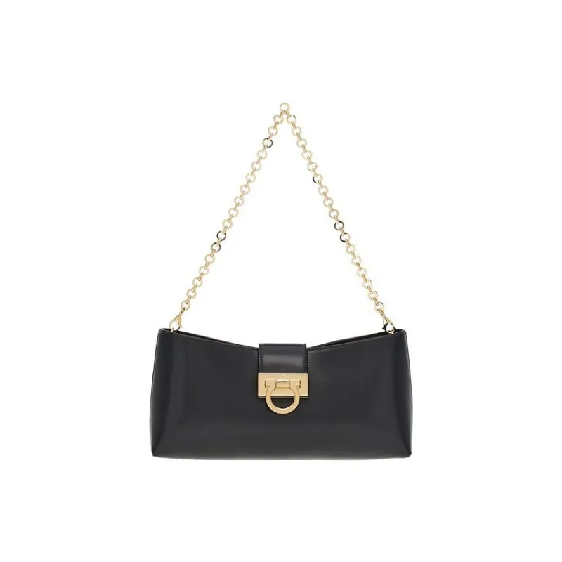 FERRAGAMO Trifolio Cow Leather Chain Bag Shoulder Bag Women's Black-0