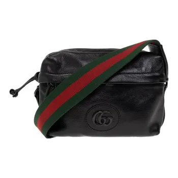 GUCCI Double G Leather Messenger Bag Shoulder Bag, Crossbody Bag Unisex Black