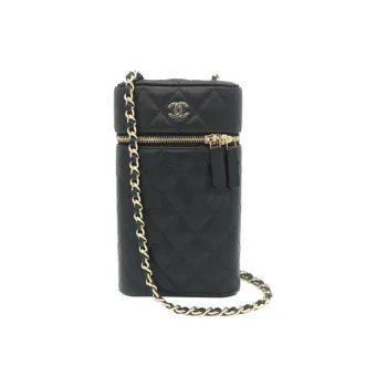 CHANEL Litchi Cow Leather One Shoulder Crossbody Cell Phone Pouch Women's Black
