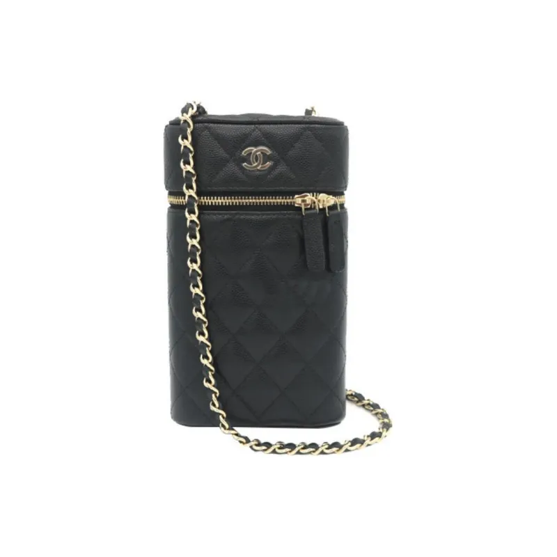 CHANEL Litchi Cow Leather One Shoulder Crossbody Cell Phone Pouch Women's Black-0