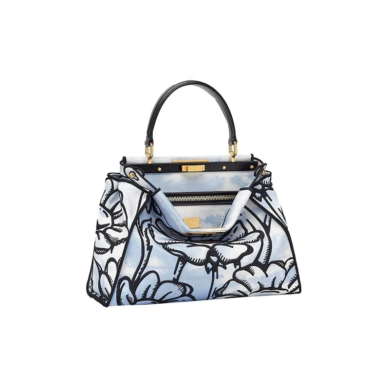 FENDI Peekaboo Denim With Cow Leather Shoulder Bag, Crossbody Bag, Handbag Medium Size Women's White/Black/Light Blue-1