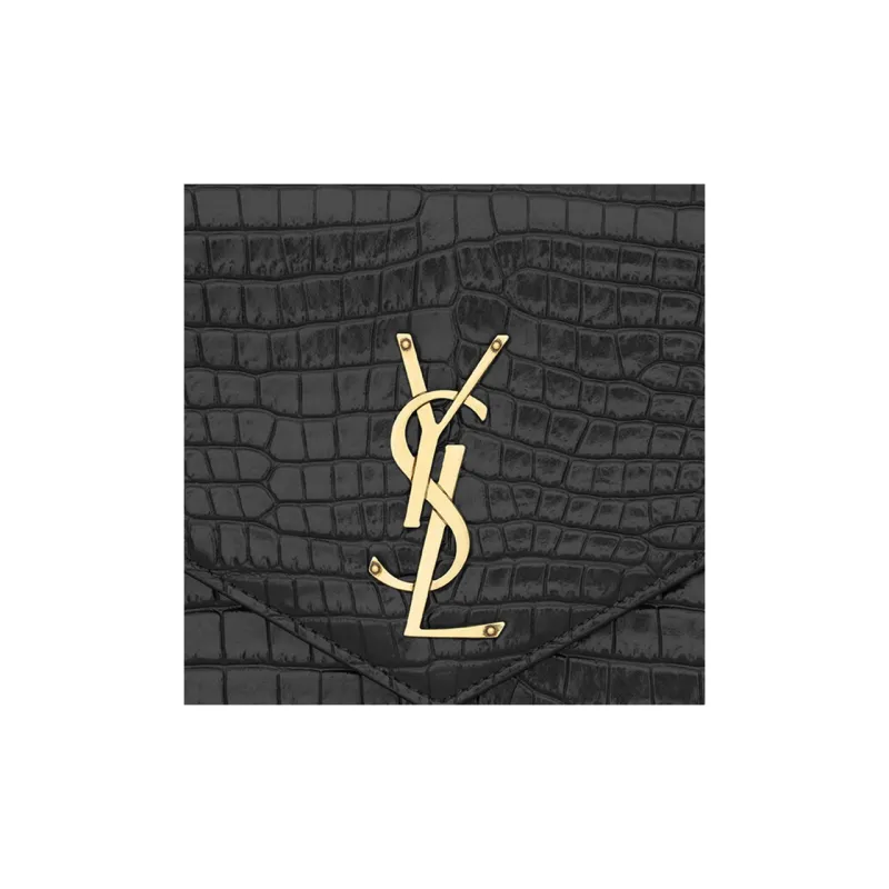 SAINT LAURENT CASSANDRE Crocodile Pattern Shiny Cow Leather Envelope Bag, Clutch Regular Women's Black-4