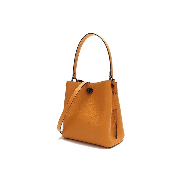 COACH Charlie Pebbled Leather Portable One Shoulder Crossbody Bucket Bag Small Size Women's Dark Yellow-1