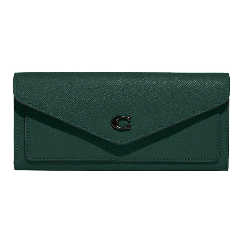 COACH Wyn Cross-Stitch Leather Coin Purses Wallets Women's Dark Green-0