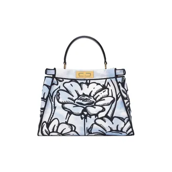 FENDI Peekaboo Denim With Cow Leather Shoulder Bag, Crossbody Bag, Handbag Medium Size Women's White/Black/Light Blue
