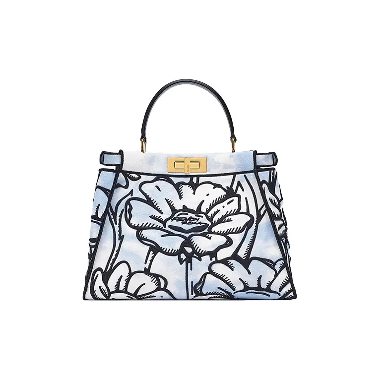 FENDI Peekaboo Denim With Cow Leather Shoulder Bag, Crossbody Bag, Handbag Medium Size Women's White/Black/Light Blue-0