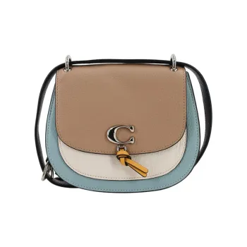 COACH Remi Leather Saddle Bag, Crossbody Bag, Shoulder Bag Women's Khaki & White Sky Blue