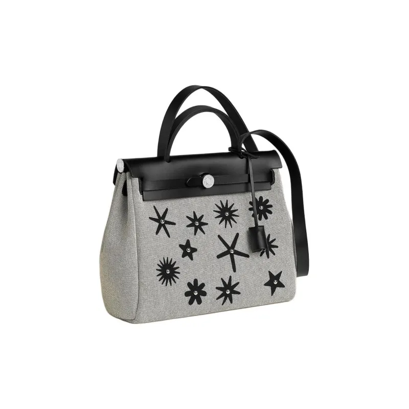 HERMES Herbag Zip H Plume Canvas Tote Bag Shopping Bag Handbag Women's Black & Gray-1