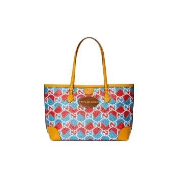 GUCCI Straw Fabric Tote Bag, Shopping Bag, Shoulder Bag Women's Blue & Orange Red