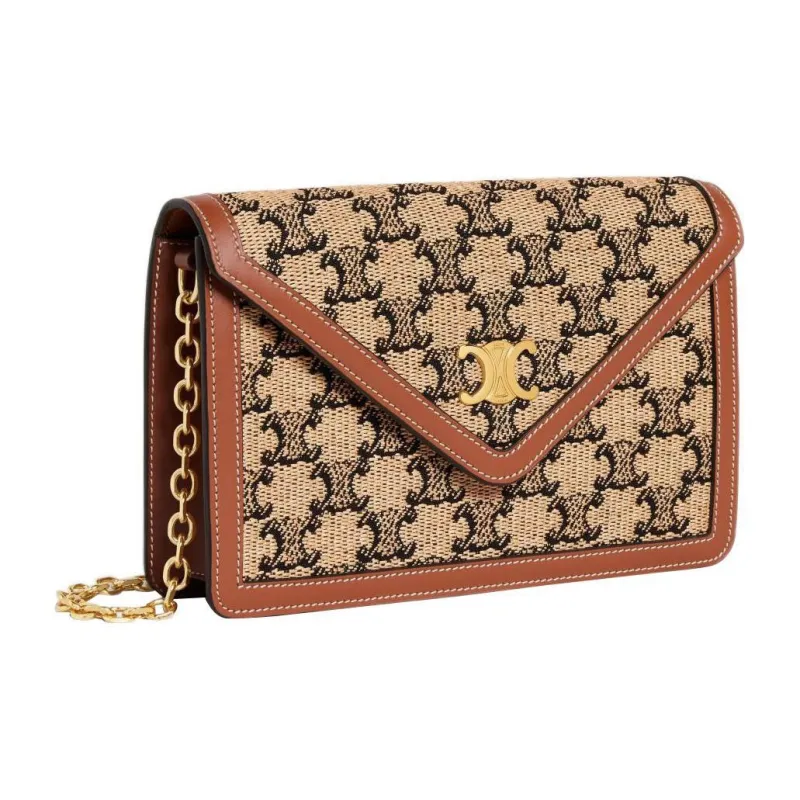 CELINE Triomphe Arc De Triomphe Textile Cow Leather Clutch Handbag Shoulder Bag Wallet Women's Natural Color/Tan-1