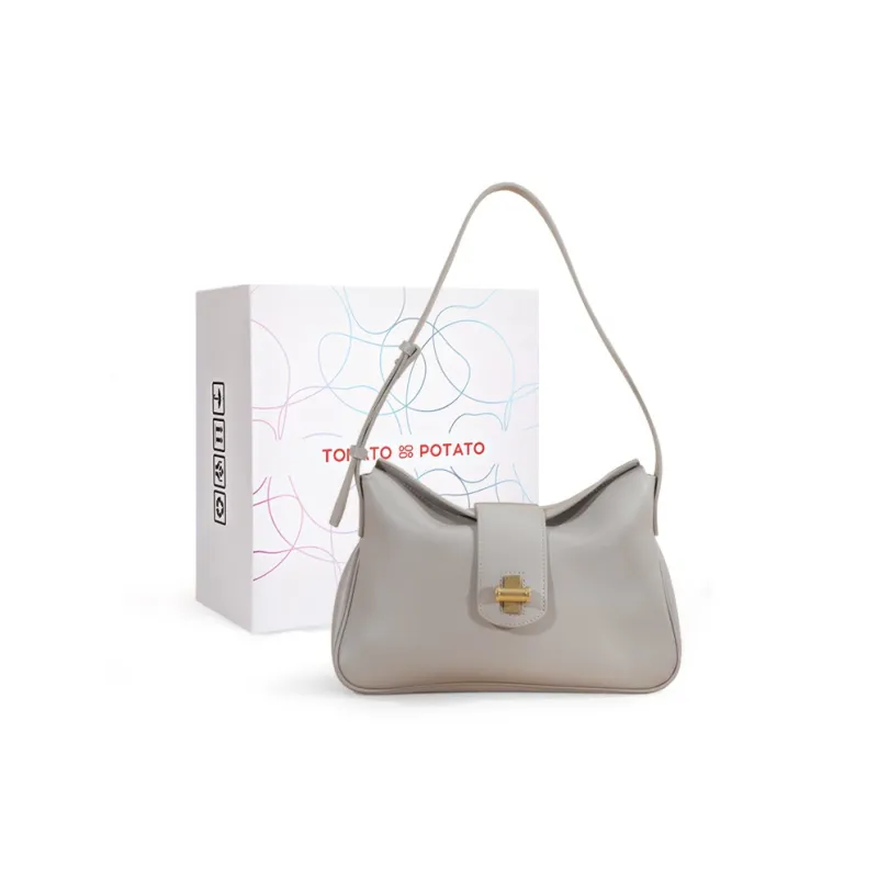 TOMATO&POTATO Cow Leather Handbag, Shoulder Bag Women's Ecru/Gray/Khaki-3