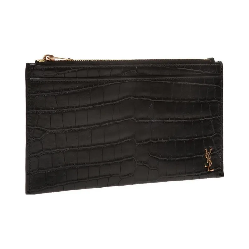 SAINT LAURENT Crocodile Pattern Matte Finish Leather Wallets Clutches Regular Women's Black-1