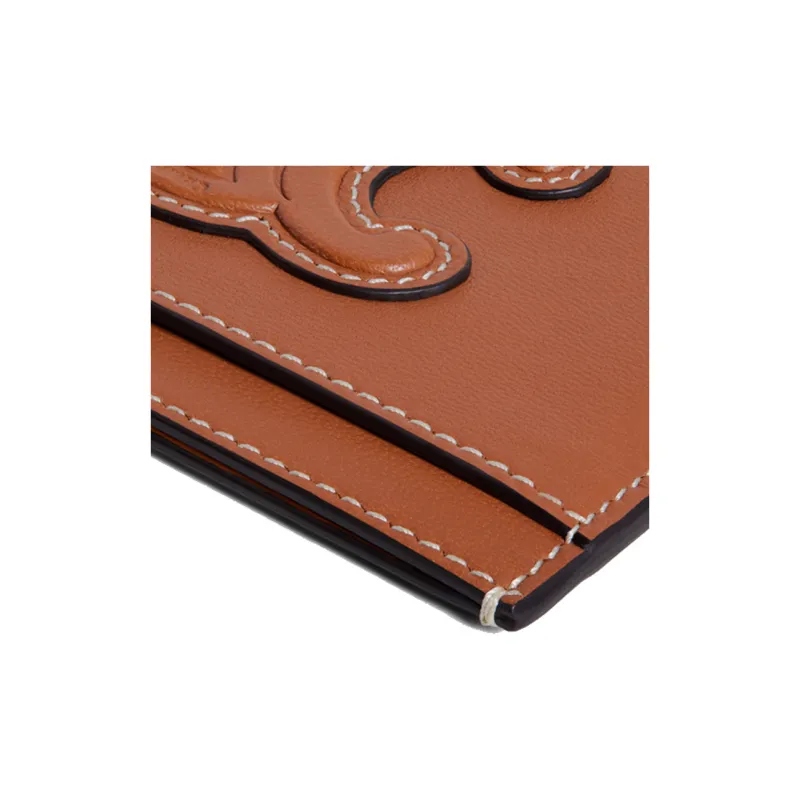 CELINE Triomphe Cow Leather Card Clip Money Clip Card Holder Women's Tan-7