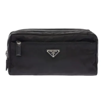 PRADA Saffiano Leather Toiletry Bags Clutches Unisex Black