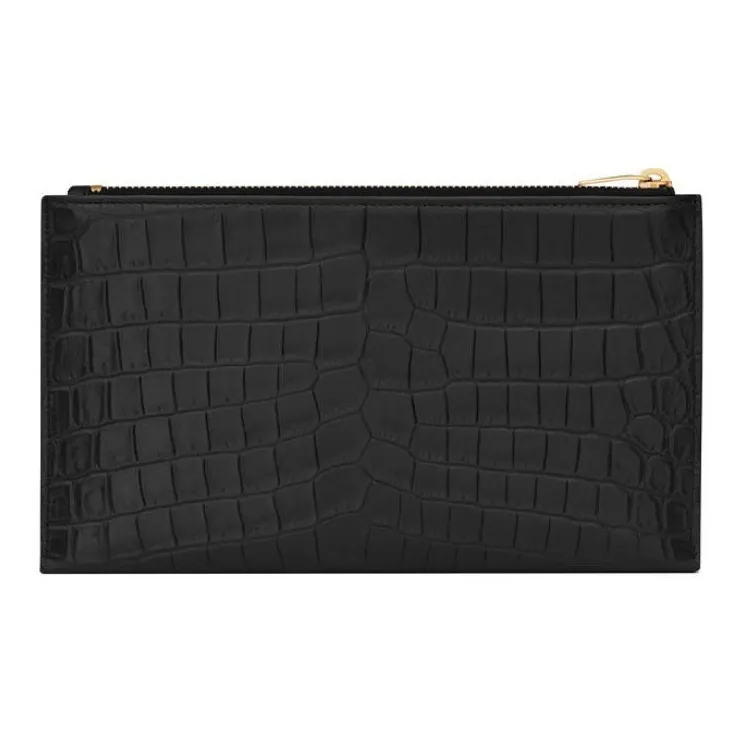 SAINT LAURENT Crocodile Pattern Matte Finish Leather Wallets Clutches Regular Women's Black-3