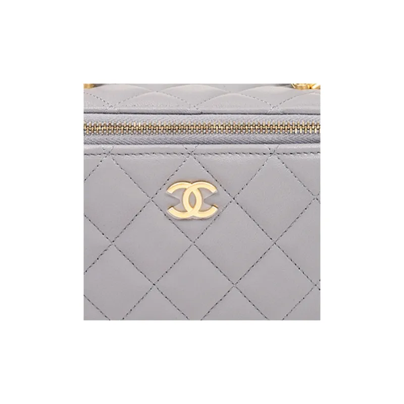 CHANEL Sheepskin Box Bag, Makeup Box, Handbag, Crossbody Bag, Includes Mirror Women's Gray-4