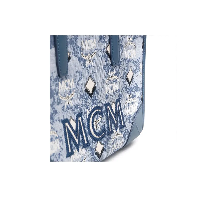 MCM Vintage Monogram Fabric With Leather Tote Bag, Shopping Bag, Shoulder Bag, Handbag Small Size Women's Blue-3