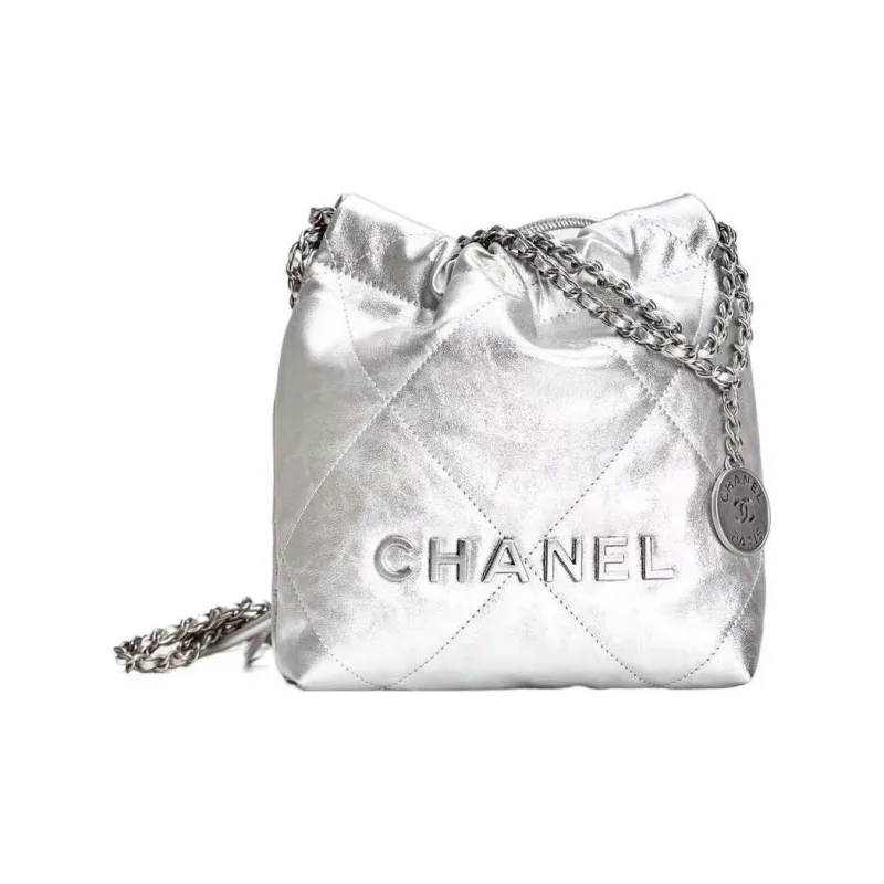 CHANEL 22Bag Bright Calfskin Bucket Bag, Shoulder Bag, Crossbody Bag Mini Women's Silver-0