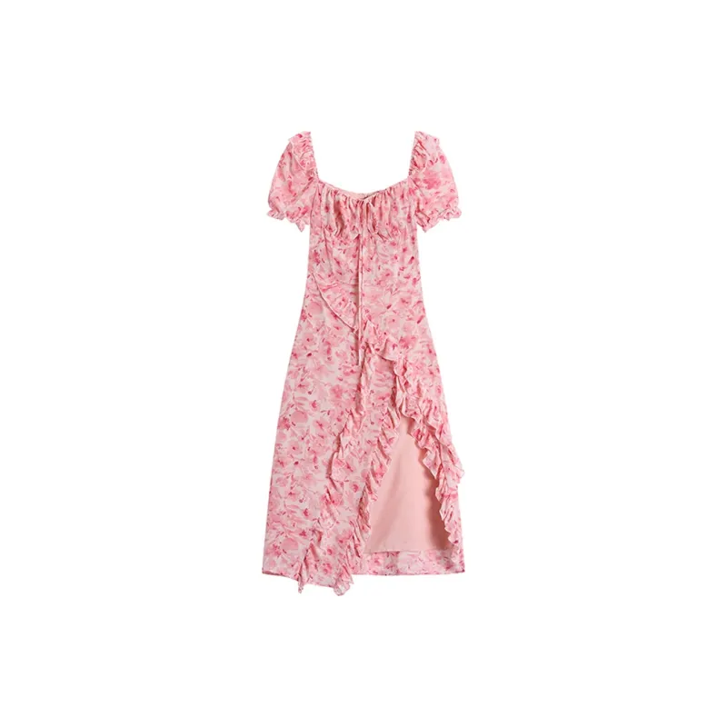 Short Sleeved Dress Women's Pink Long-0