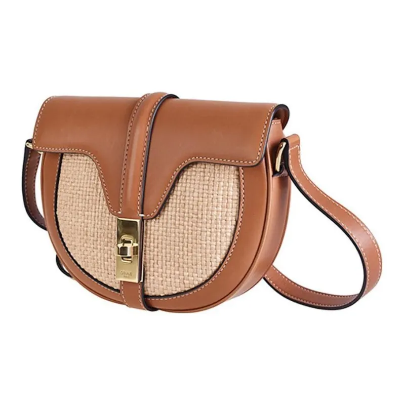 CELINE 16 Fabric Cow Leather Patchwork Handbag Shoulder Bags Small Size Unisex Natural Color & Brown Umber-1