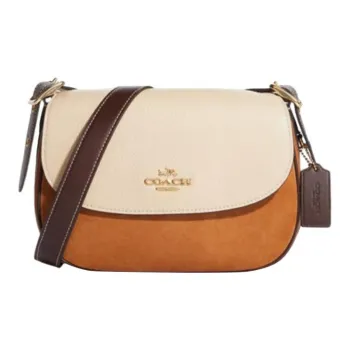 COACH Macie Cow Leather Saddle Bag, Shoulder Bag, Crossbody Bag Medium Size Women's Ivory White & Light Saddle Brown