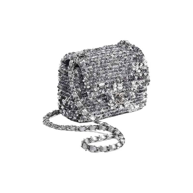 CHANEL Embroidered Satin Sequins Flap Bag, Shoulder Bag, Crossbody Bag Mini Women's Silver-1